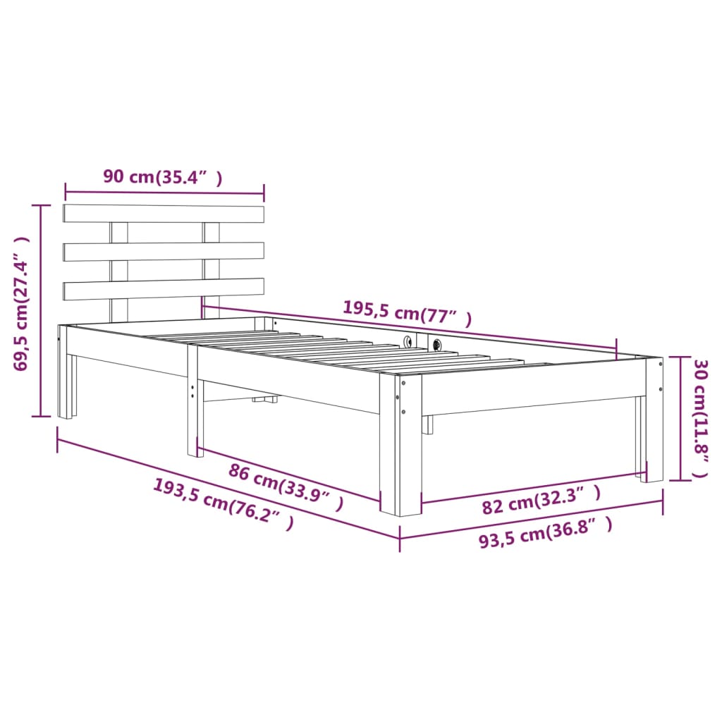 vidaXL Massivholzbett Schwarz 90x190 cm