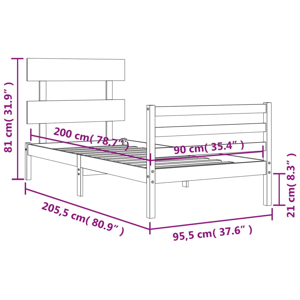 vidaXL Massivholzbett mit Kopfteil Weiß 90x200 cm