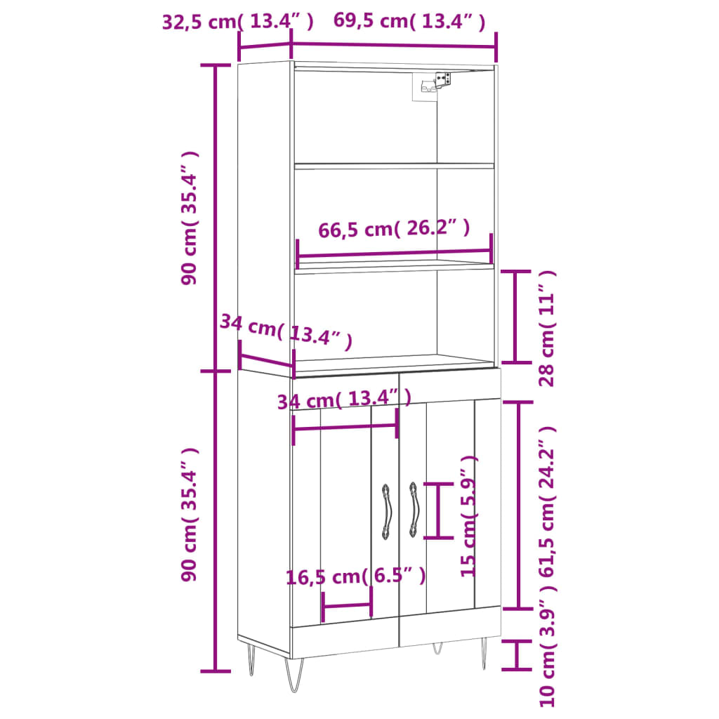 vidaXL Highboard Räuchereiche 69,5x34x180 cm Holzwerkstoff