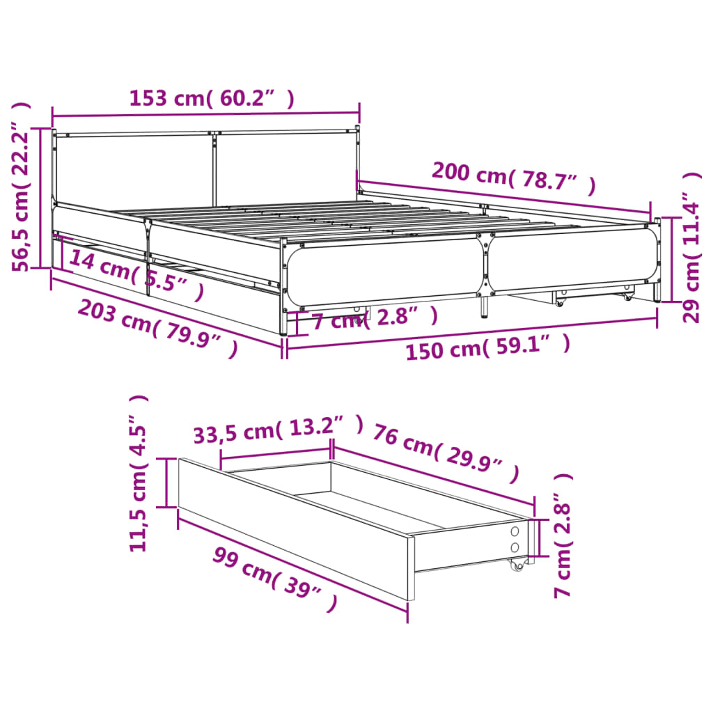 vidaXL Bettgestell mit Schubladen Schwarz 150x200 cm Holzwerkstoff