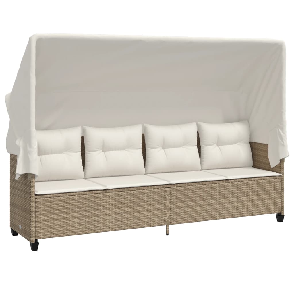 vidaXL Sonnenliege mit Dach und Kissen Beige Poly Rattan