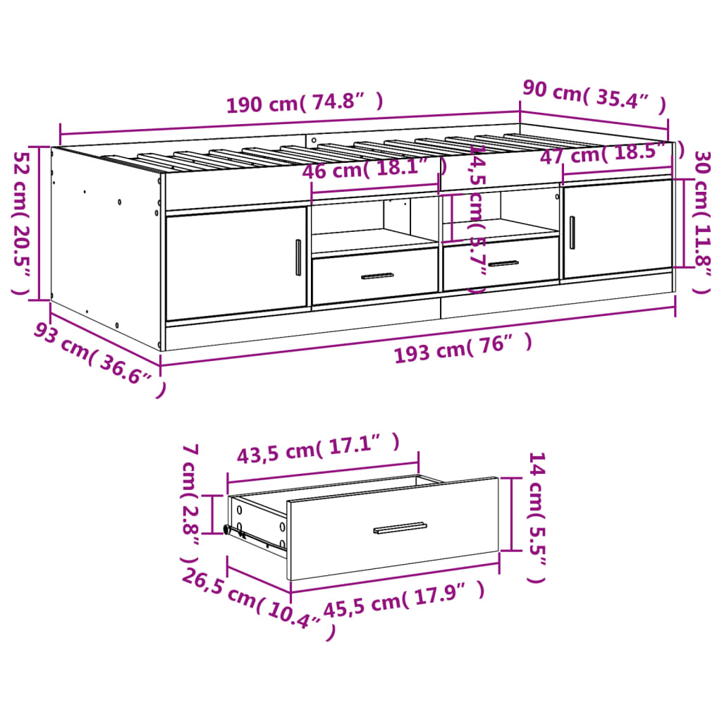 vidaXL Tagesbett mit Schubladen ohne Matratze Grau Sonoma 90x190 cm