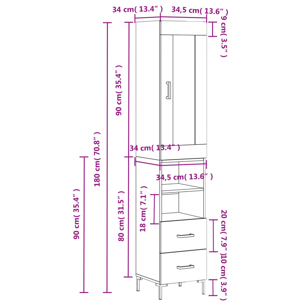 vidaXL Highboard Schwarz 34,5x34x180 cm Holzwerkstoff