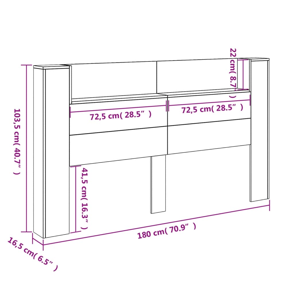 vidaXL LED-Kopfteil mit Ablagen Schwarz 180x16,5x103,5 cm