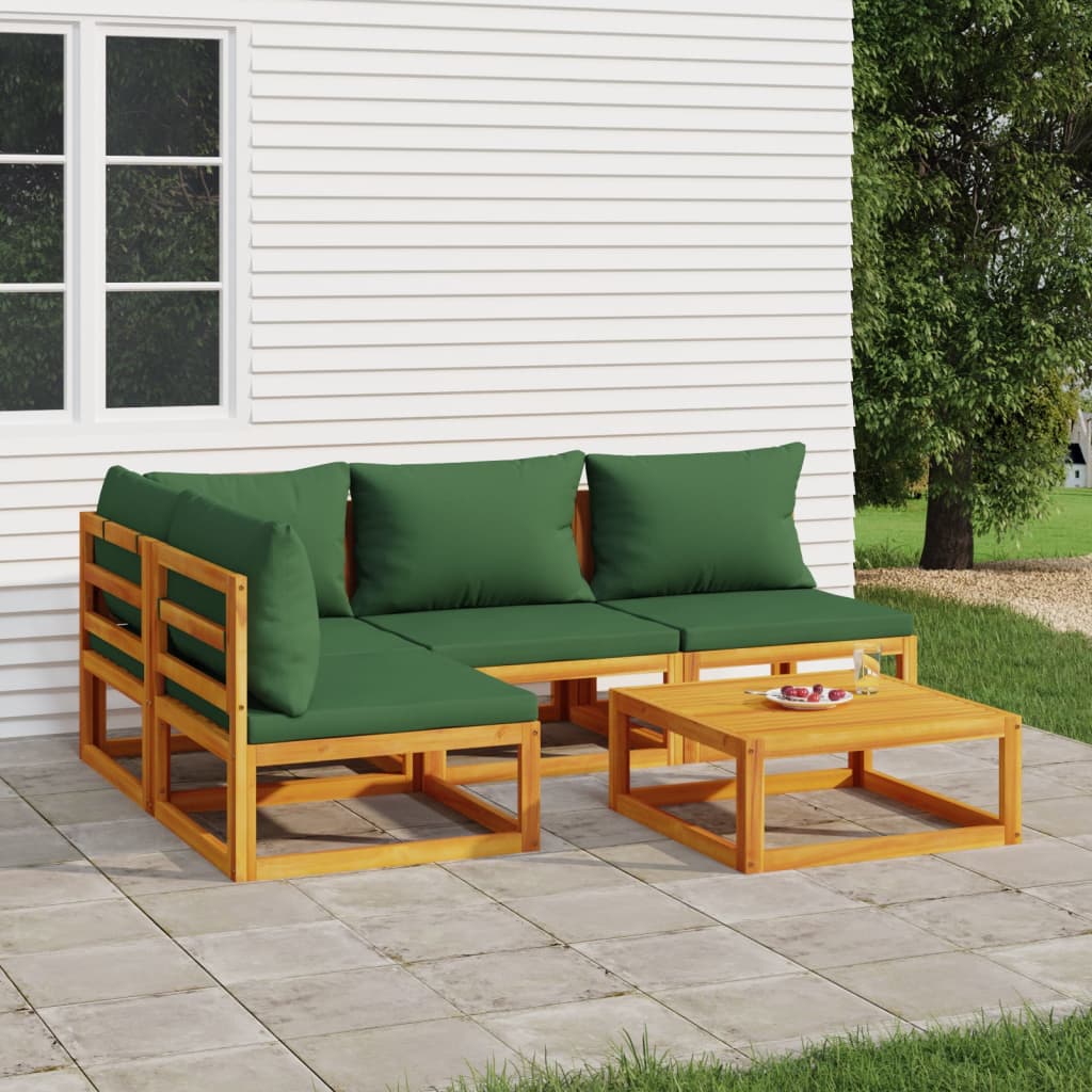 vidaXL 5-tlg. Garten-Lounge-Set mit Grünen Kissen Massivholz