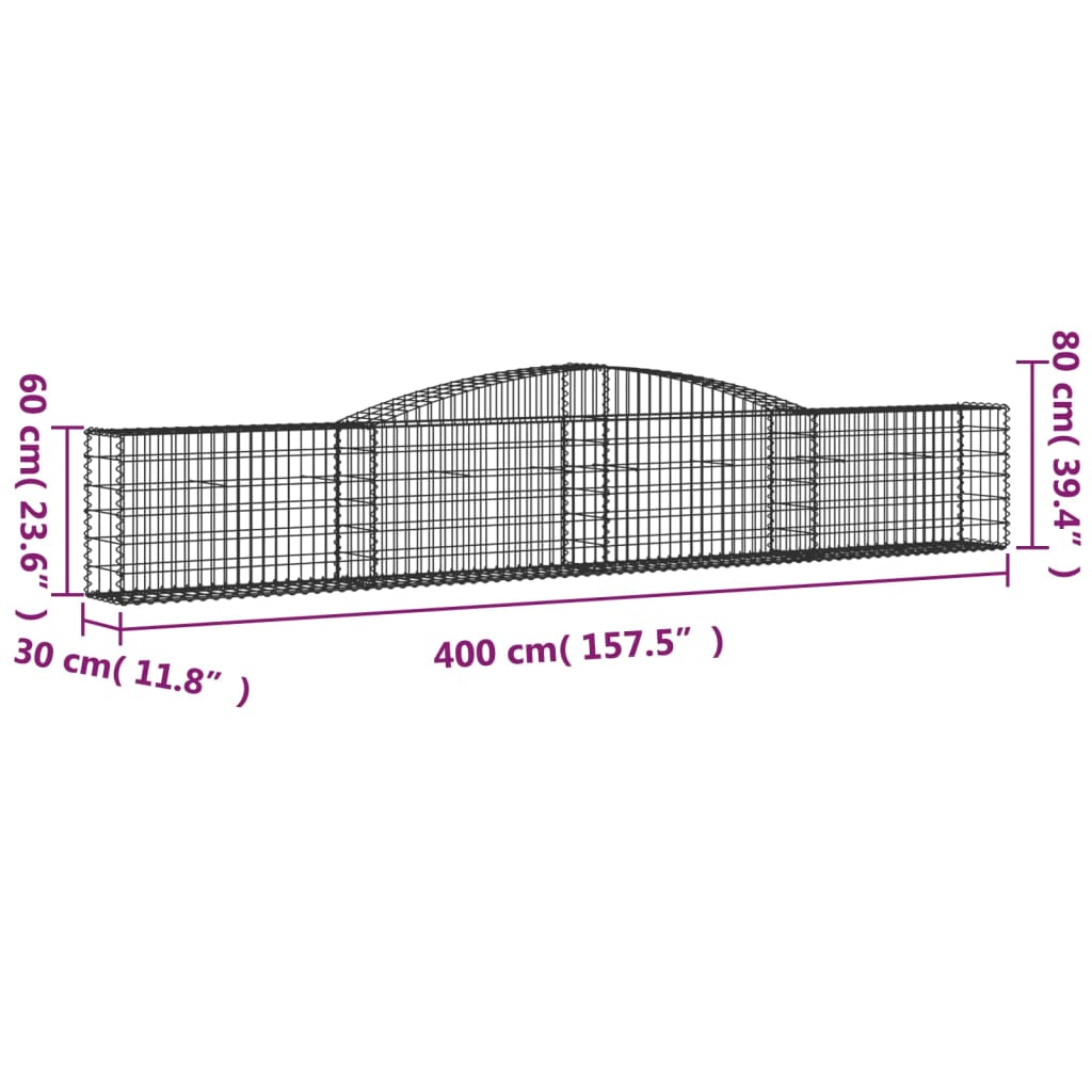 vidaXL Gabione mit Hochbogen 400x30x60/80 cm Verzinktes Eisen