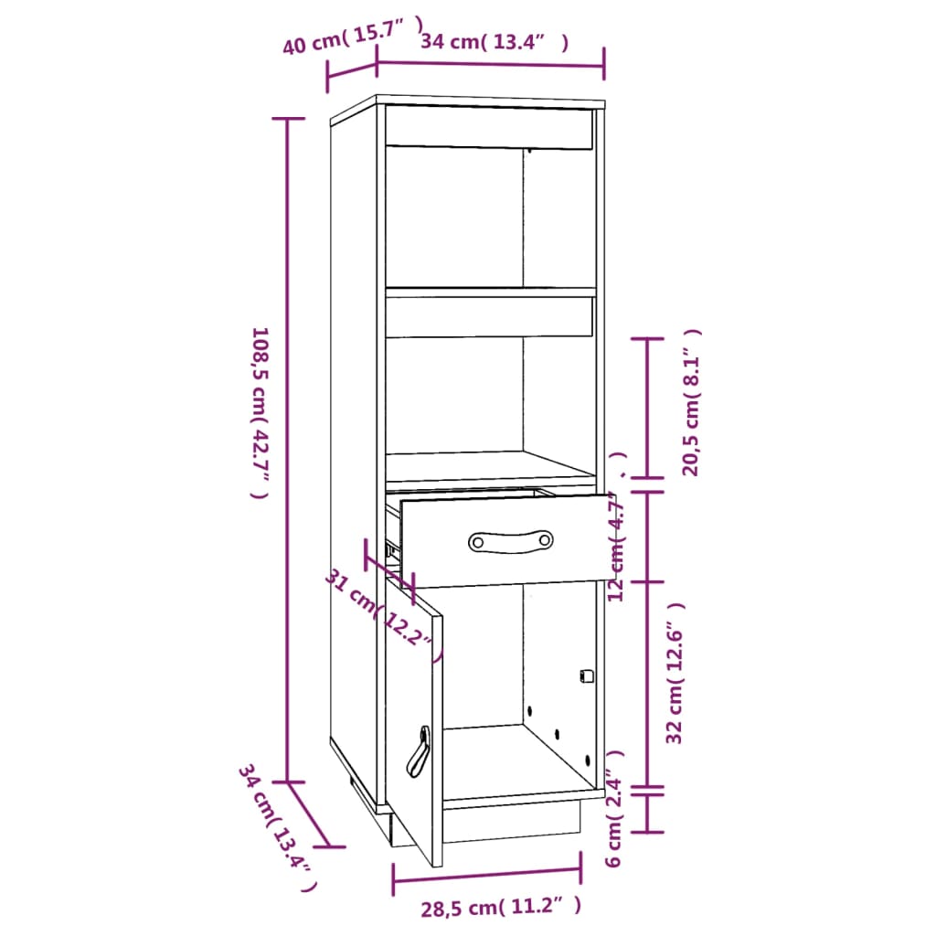 vidaXL Highboard Honigbraun 34x40x108,5 cm Massivholz Kiefer