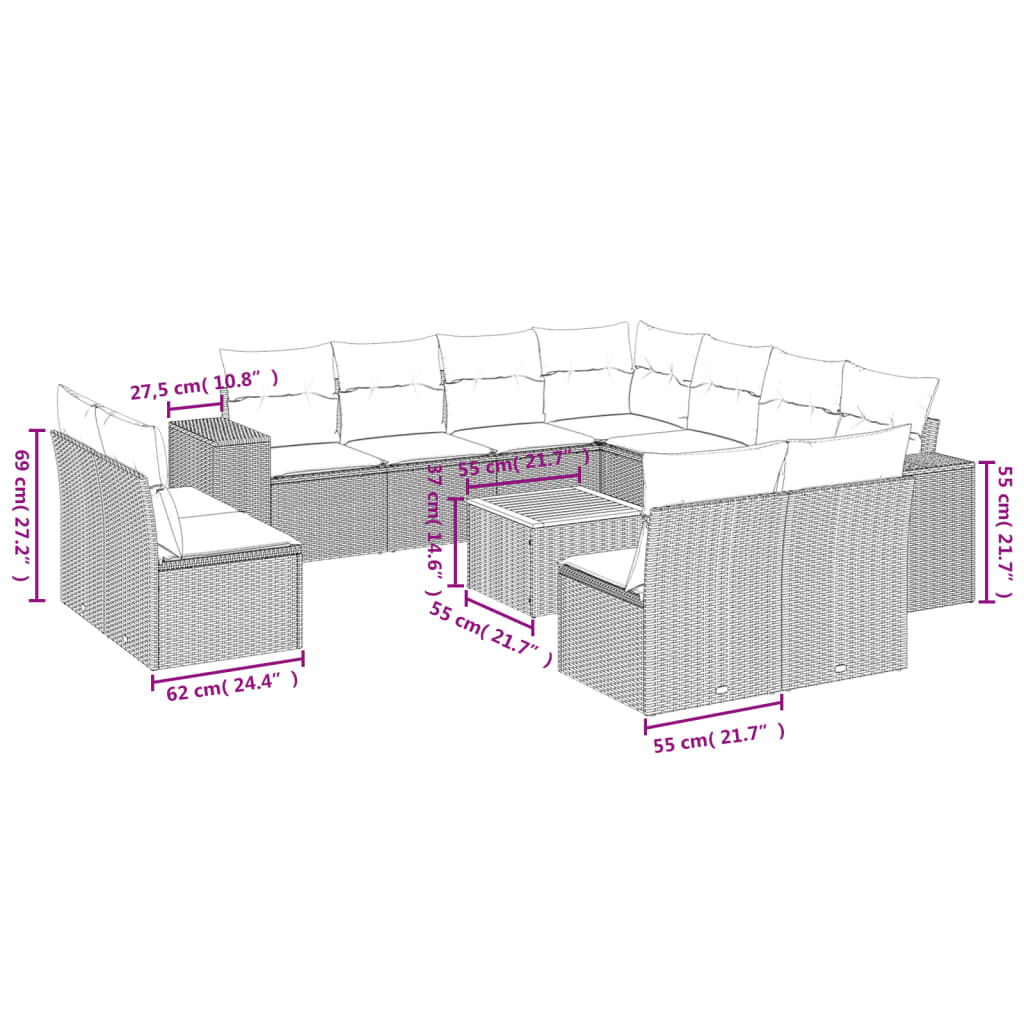 vidaXL 12-tlg. Garten-Sofagarnitur mit Kissen Beige Poly Rattan