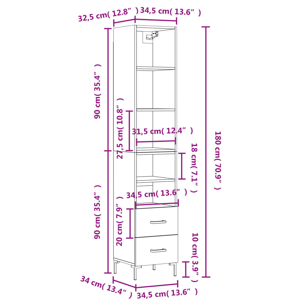 vidaXL Highboard Betongrau 34,5x34x180 cm Holzwerkstoff