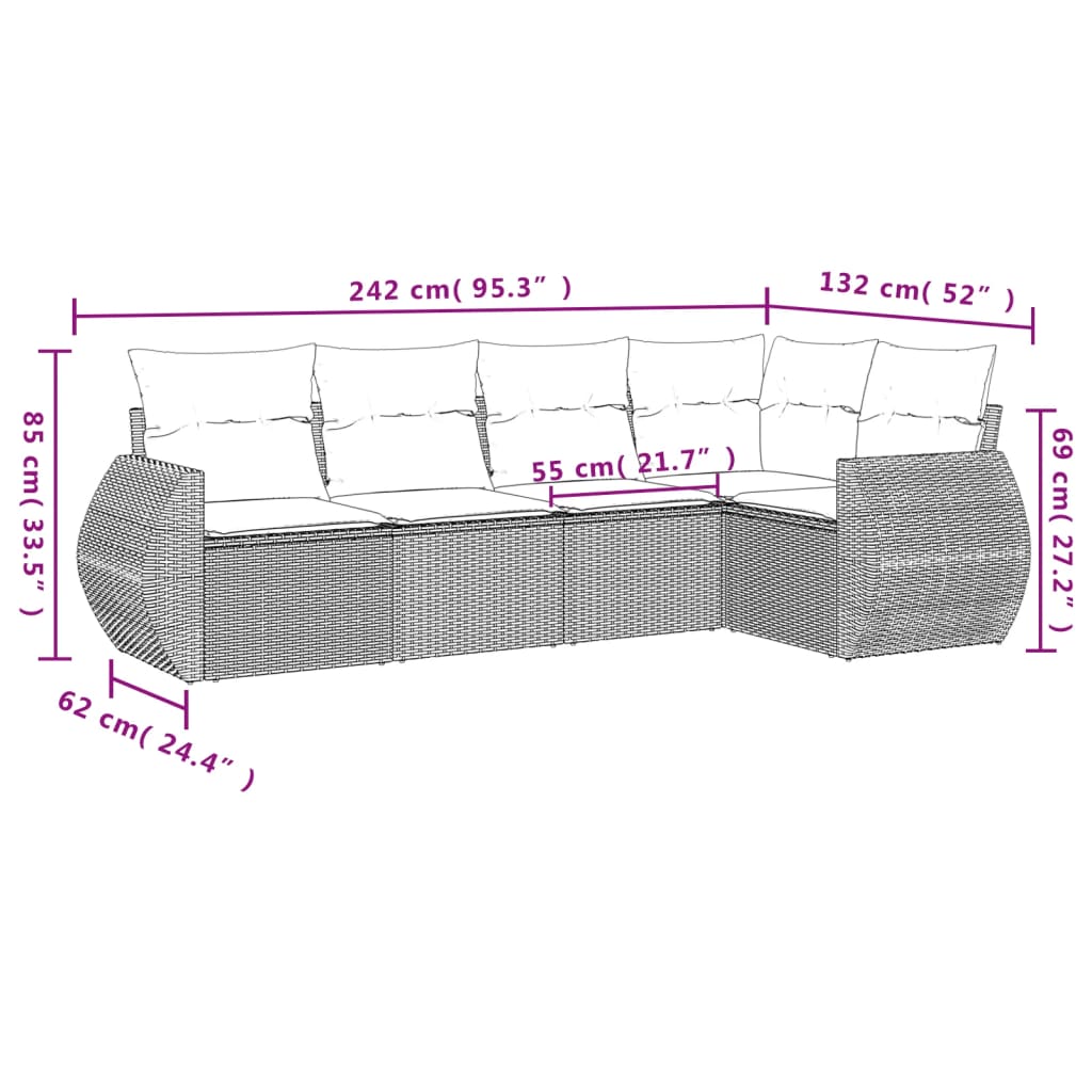 vidaXL 5-tlg. Garten-Sofagarnitur mit Kissen Beige Poly Rattan