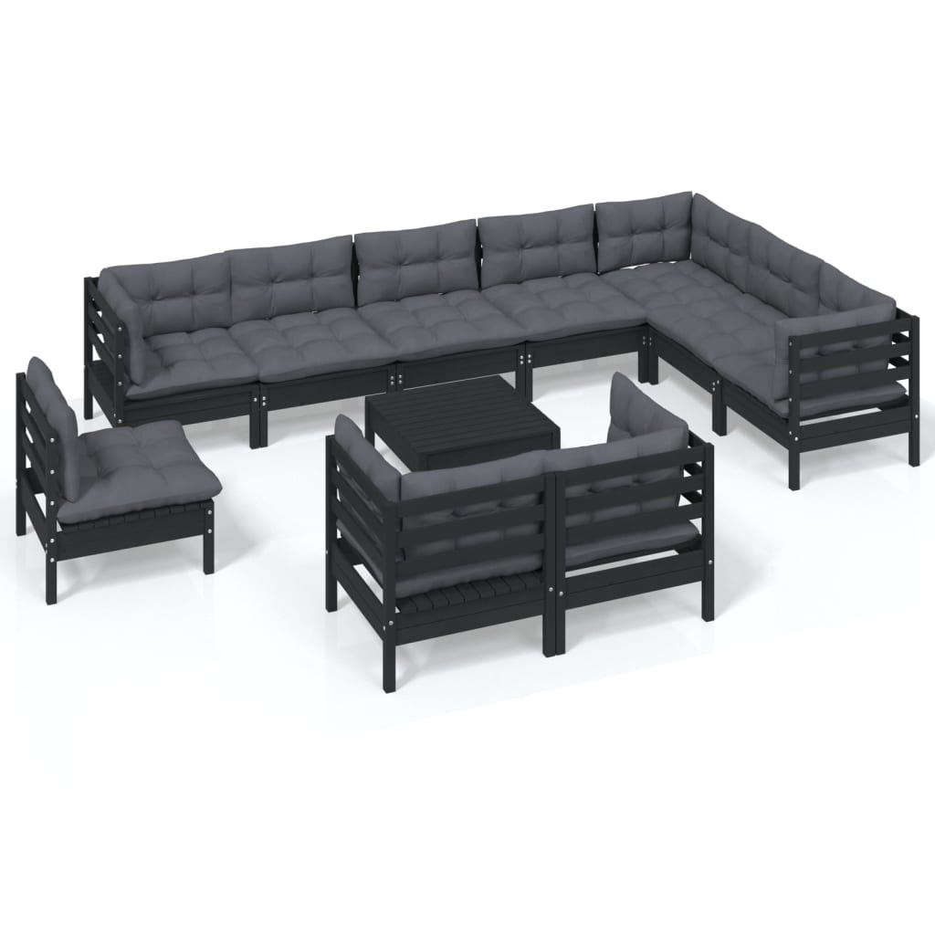 vidaXL 11-tlg. Garten-Lounge-Set mit Kissen Schwarz Massivholz Kiefer