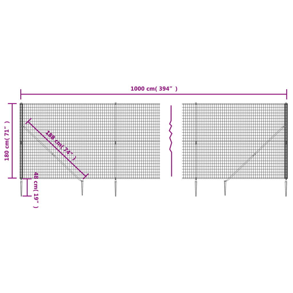 vidaXL Maschendrahtzaun mit Bodenhülsen Anthrazit 1,8x10 m