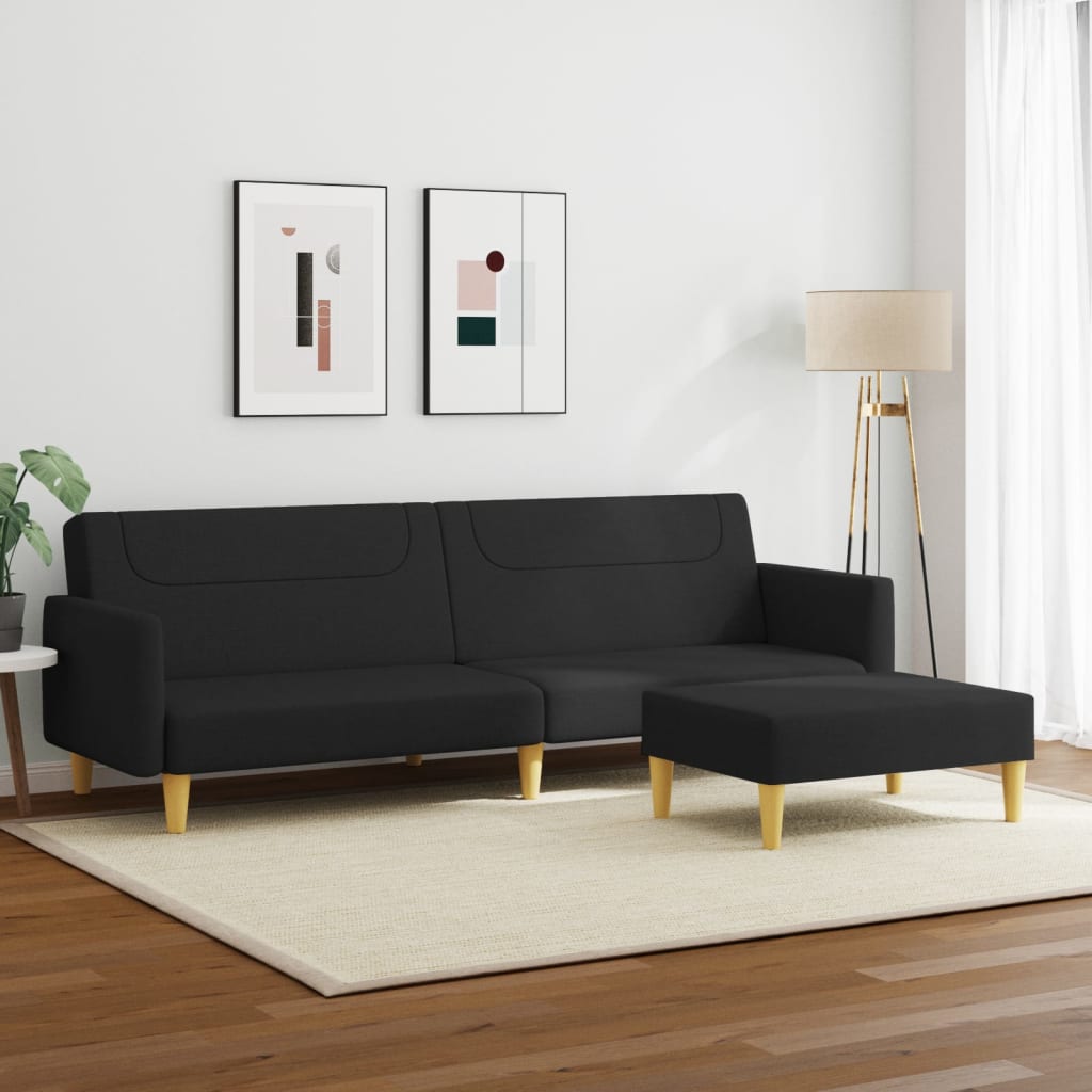 vidaXL Schlafsofa 2-Sitzer mit Fußhocker Schwarz Stoff