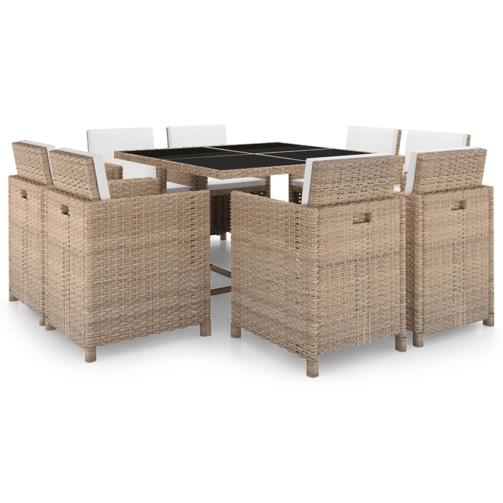 vidaXL 9-tlg. Garten-Essgruppe mit Auflagen Poly Rattan Beige