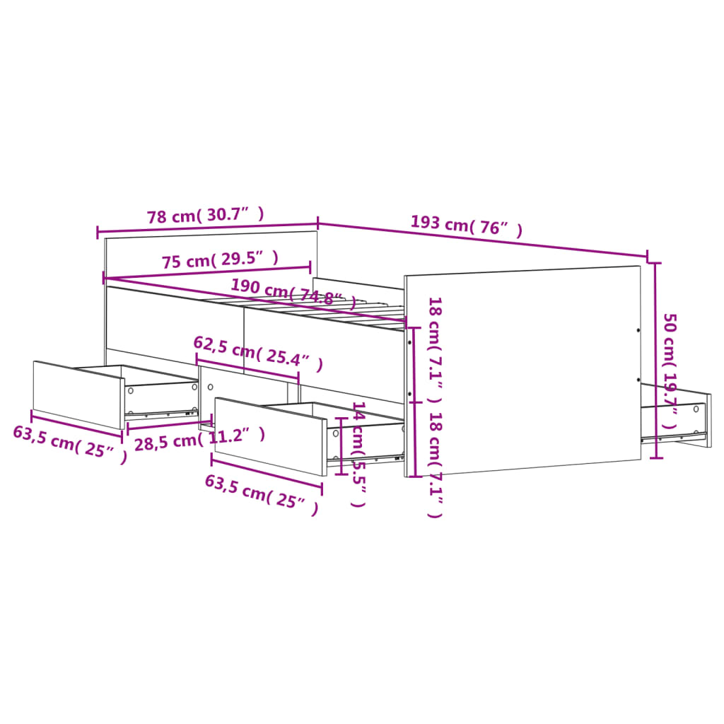 vidaXL Bettgestell mit Kopf- und Fußteil Grau Sonoma 75x190 cm