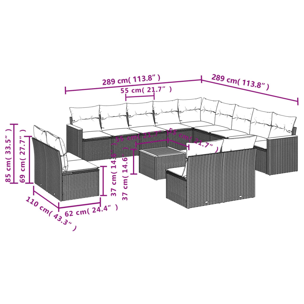 vidaXL 14-tlg. Garten-Sofagarnitur mit Kissen Beige Poly Rattan