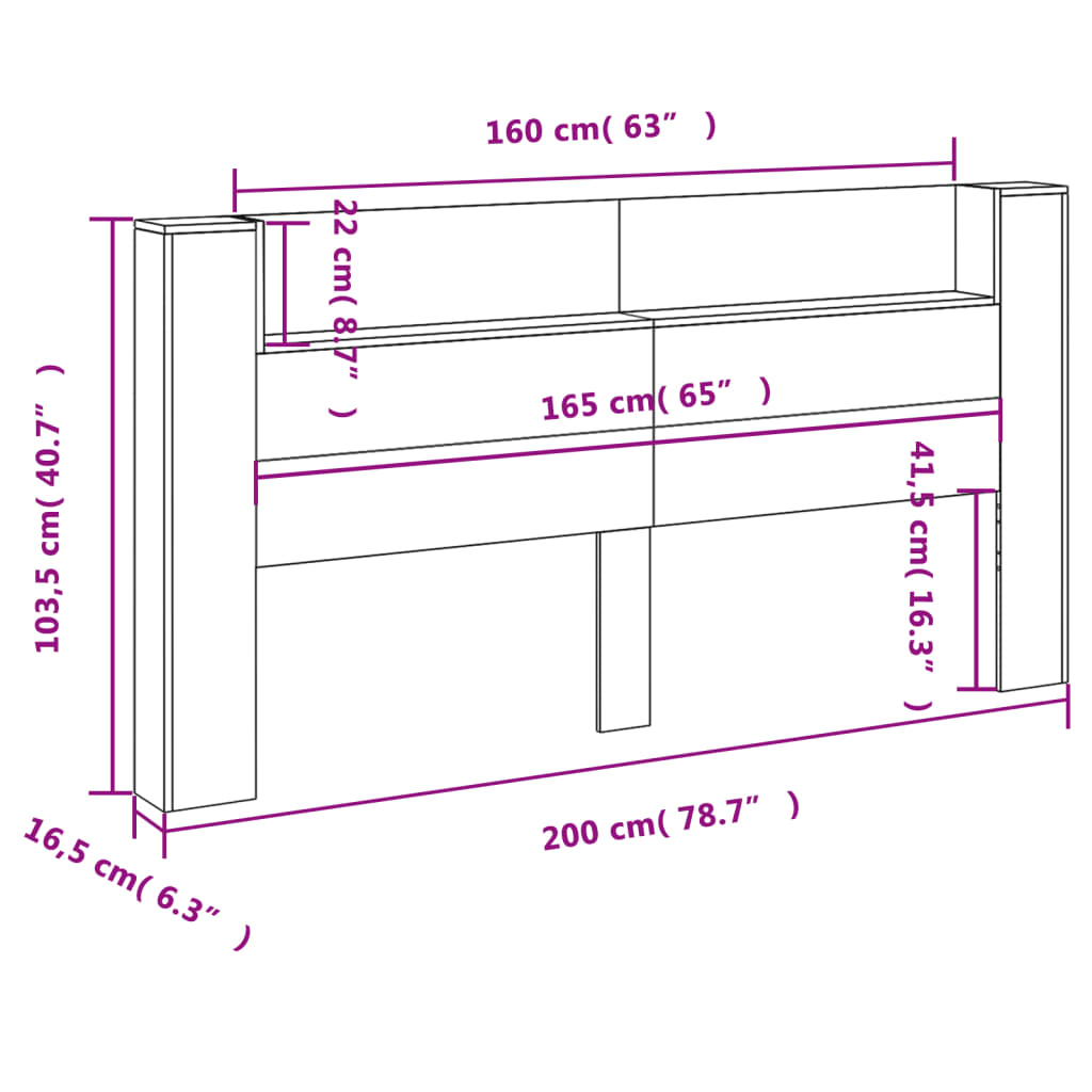 vidaXL LED-Kopfteil mit Ablage Grau-Sonoma 200x16,5x103,5 cm