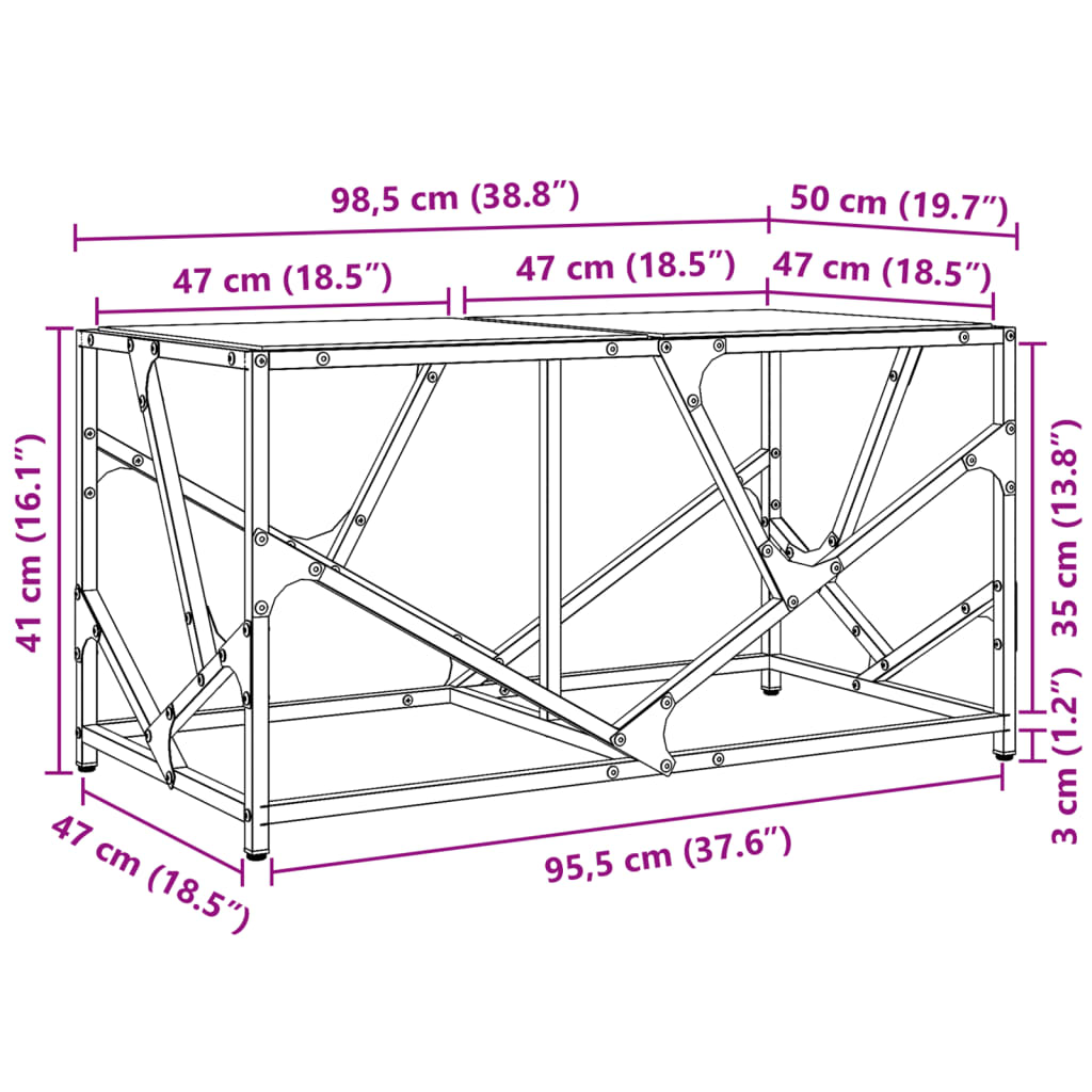 vidaXL Couchtisch mit Glasplatte Transparent 98,5x50x41 cm Stahl