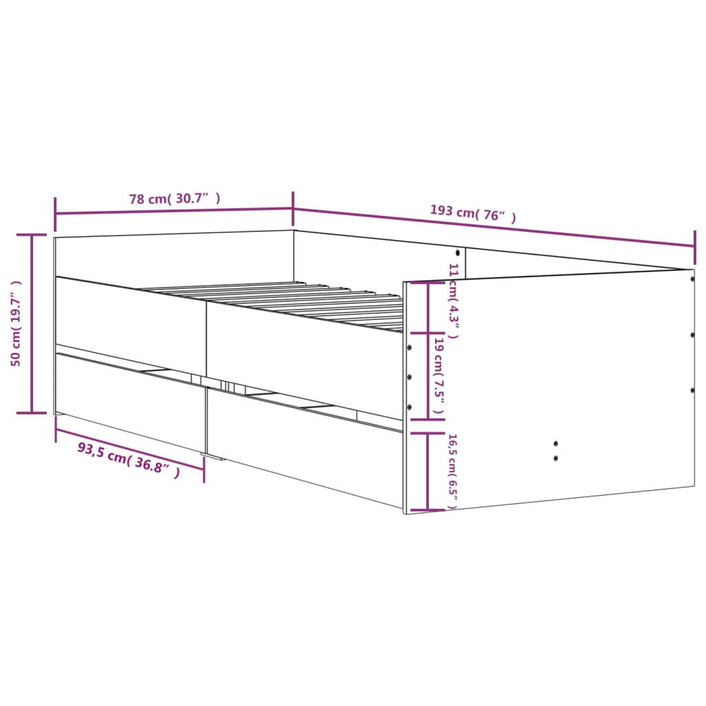 vidaXL Bett mit Schubladen Grau Sonoma 75x190 cm