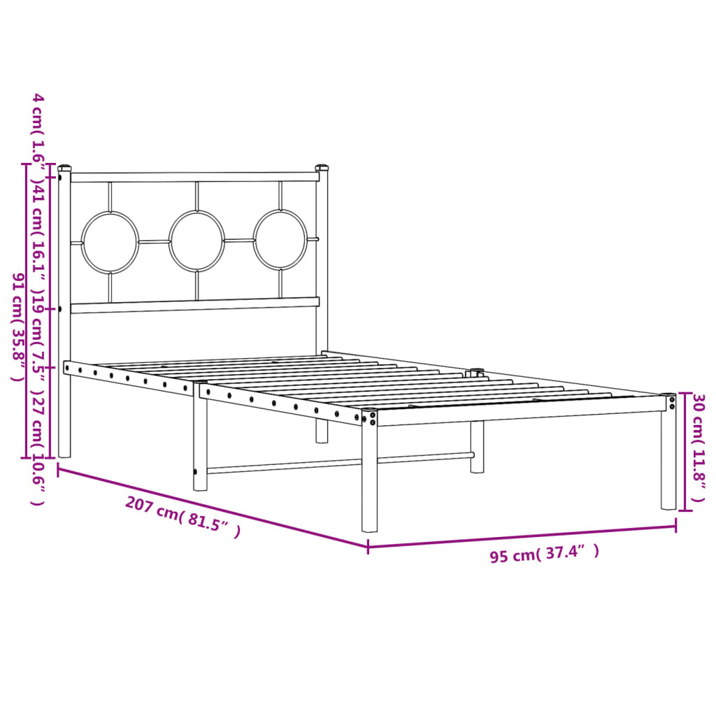 vidaXL Bettgestell mit Kopfteil Metall Schwarz 90x200 cm