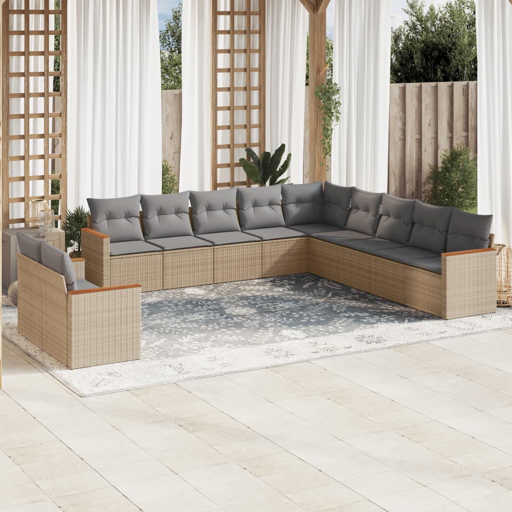 vidaXL 11-tlg. Garten-Sofagarnitur mit Kissen Beige Poly Rattan