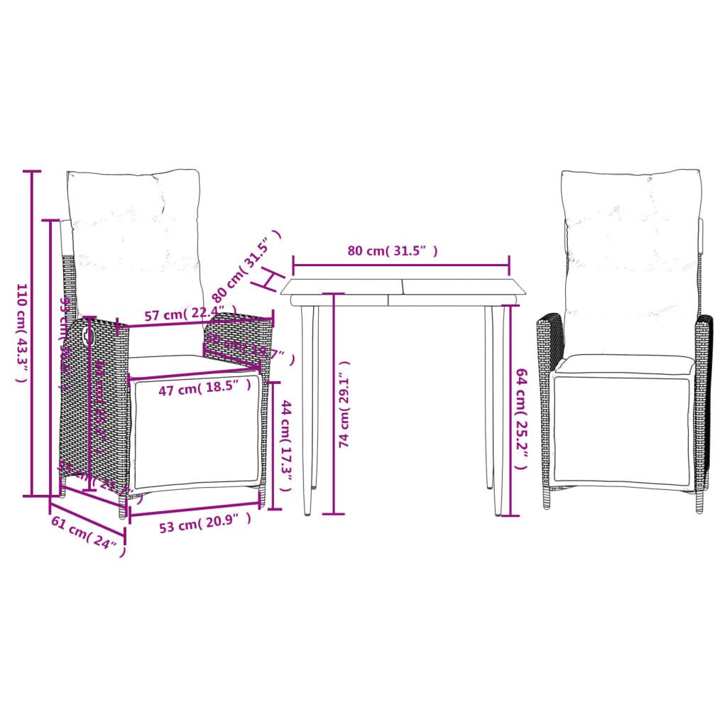 vidaXL 3-tlg. Garten-Essgruppe mit Kissen Braun Poly Rattan