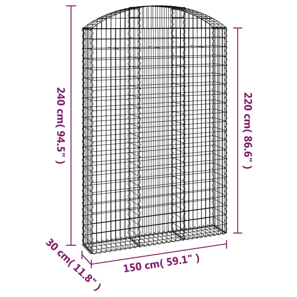 vidaXL Gabione mit Hochbogen 150x30x220/240 cm Verzinktes Eisen