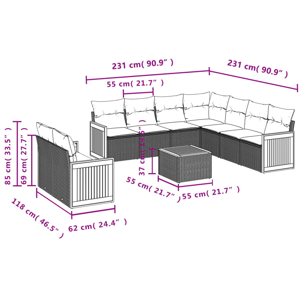 vidaXL 10-tlg. Garten-Sofagarnitur mit Kissen Schwarz Poly Rattan