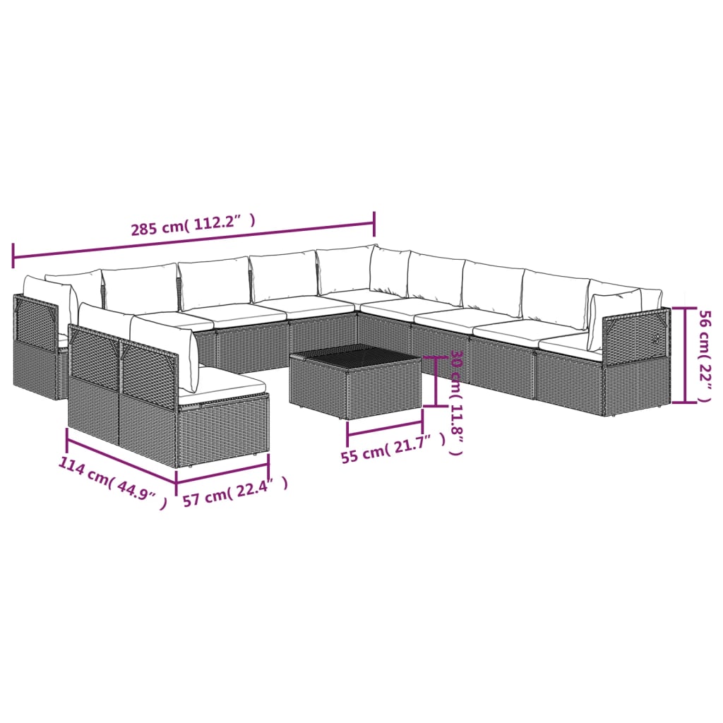 vidaXL 12-tlg. Garten-Lounge-Set mit Kissen Grau Poly Rattan