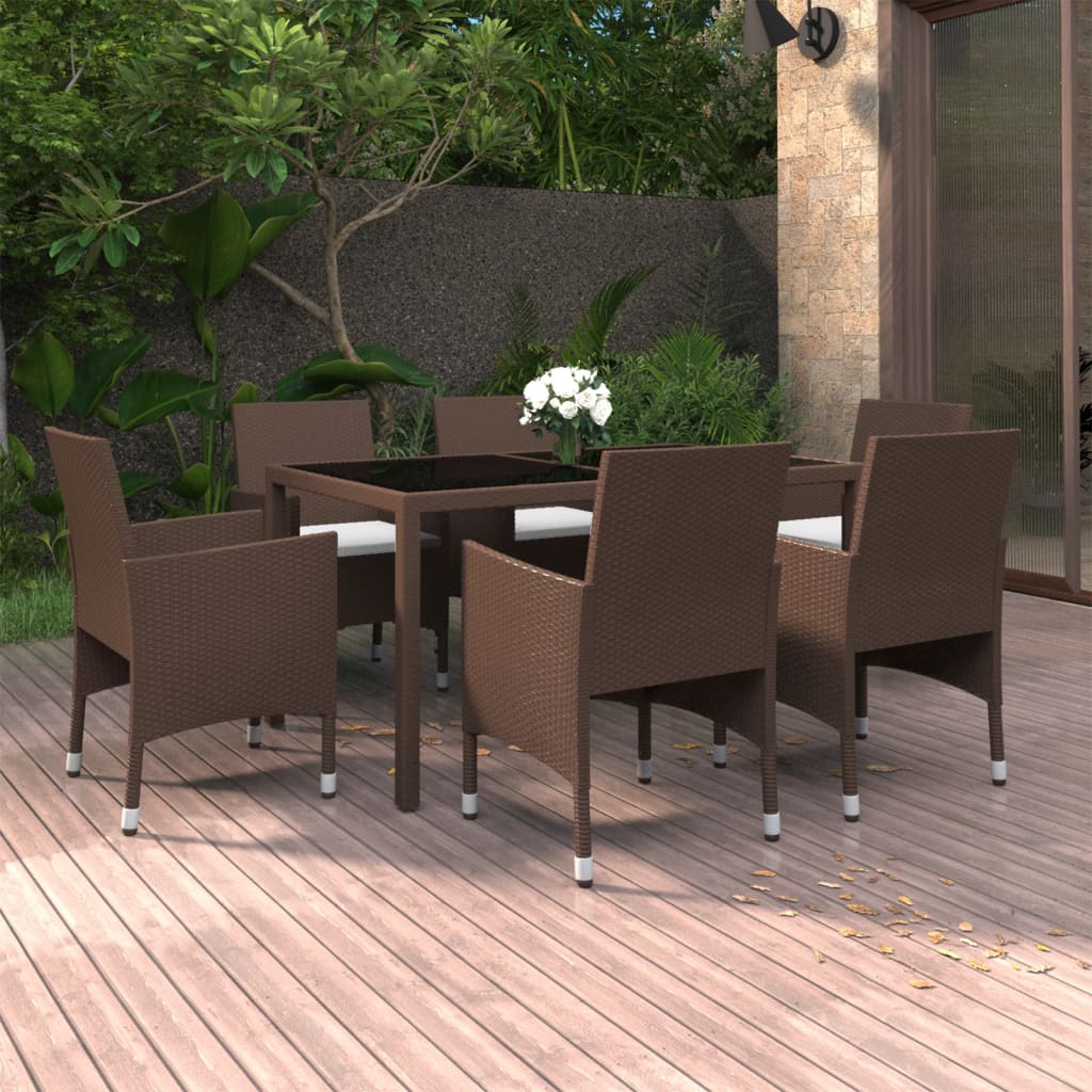 vidaXL 7-tlg. Garten-Essgruppe Poly Rattan und Hartglas Braun