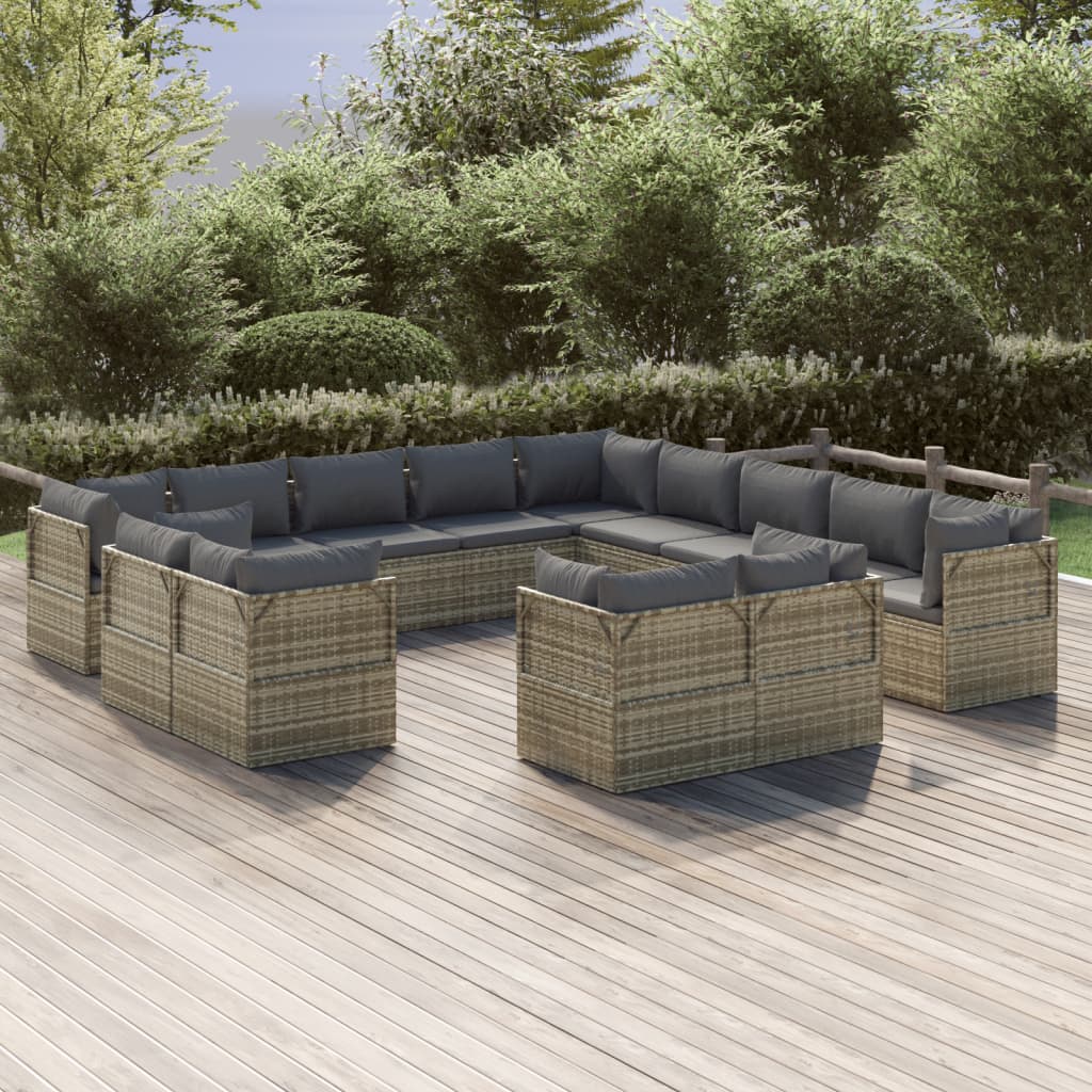 vidaXL 13-tlg. Garten-Lounge-Set mit Kissen Grau Poly Rattan