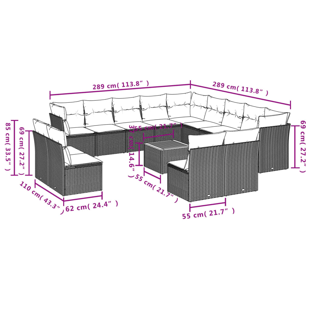 vidaXL 14-tlg. Garten-Sofagarnitur mit Kissen Grau Poly Rattan