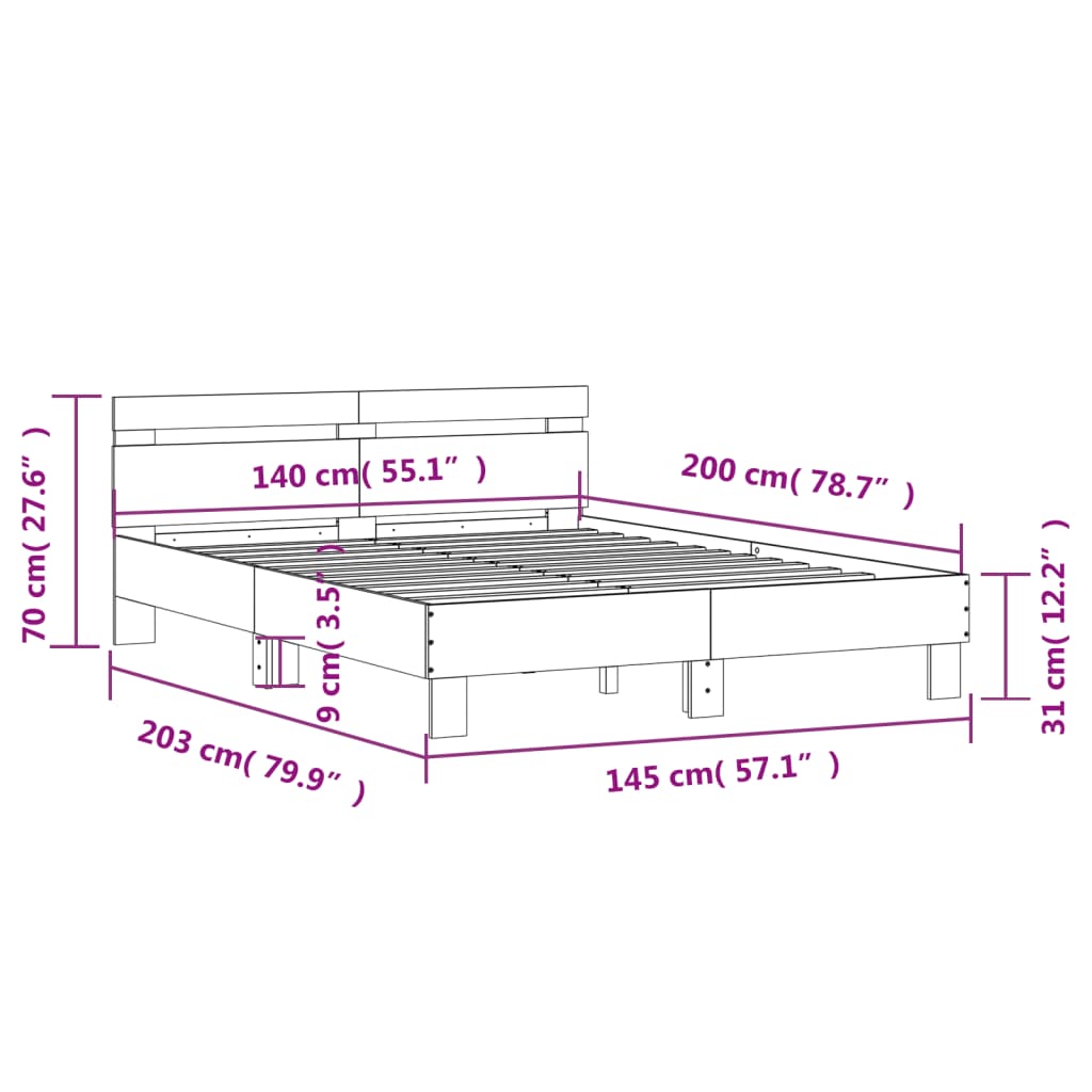 vidaXL Bettgestell mit Kopfteil Grau Sonoma 140x200 cm Holzwerkstoff