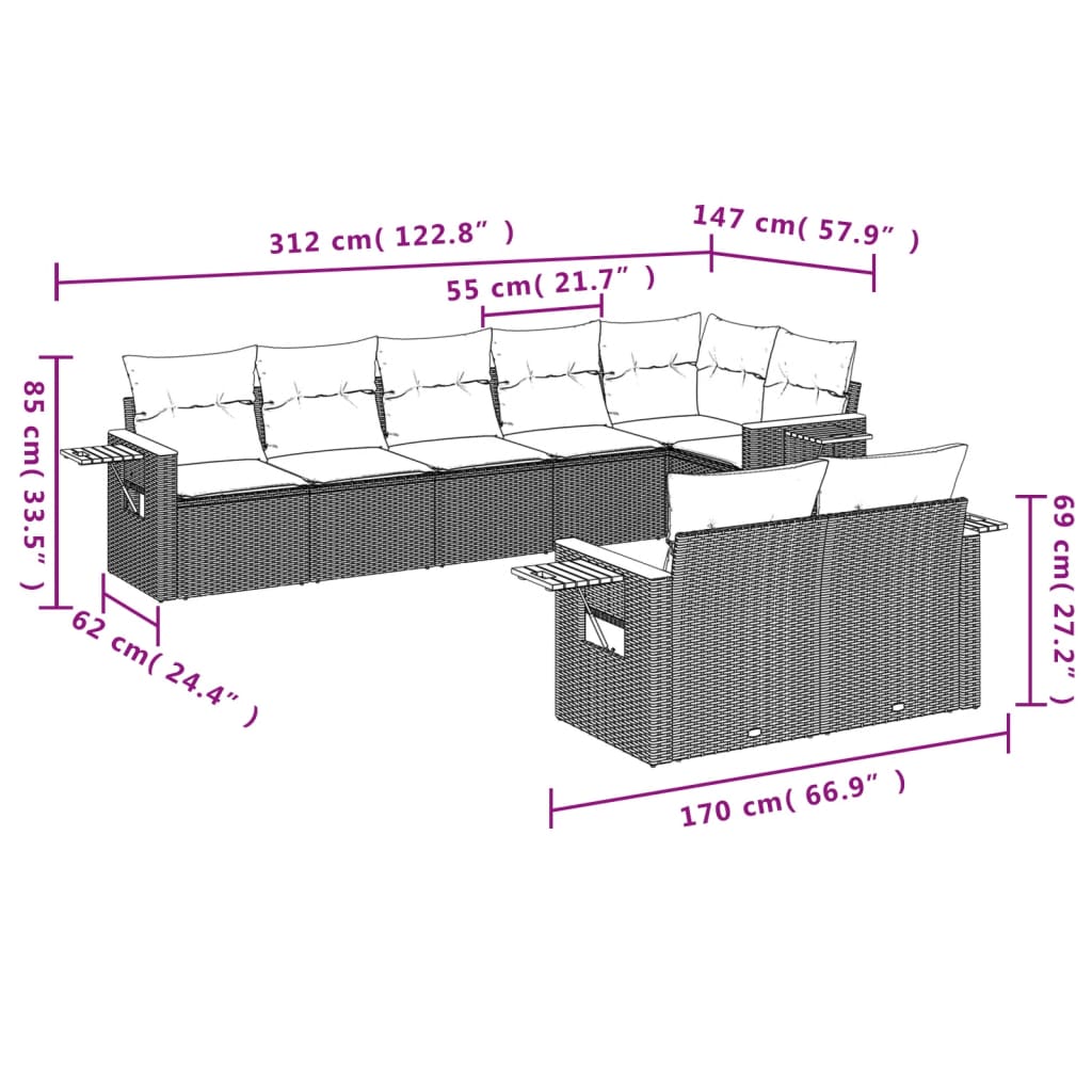 vidaXL 8-tlg. Garten-Sofagarnitur mit Kissen Schwarz Poly Rattan