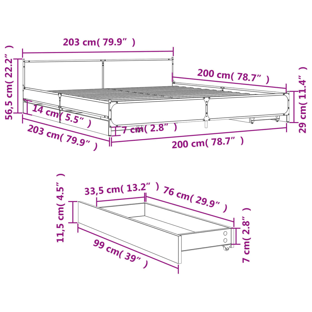 vidaXL Bettgestell mit Schubladen Sonoma-Eiche 200x200cm Holzwerkstoff