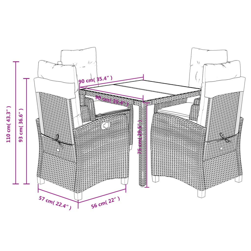 vidaXL 5-tlg. Garten-Essgruppe mit Kissen Grau Poly Rattan