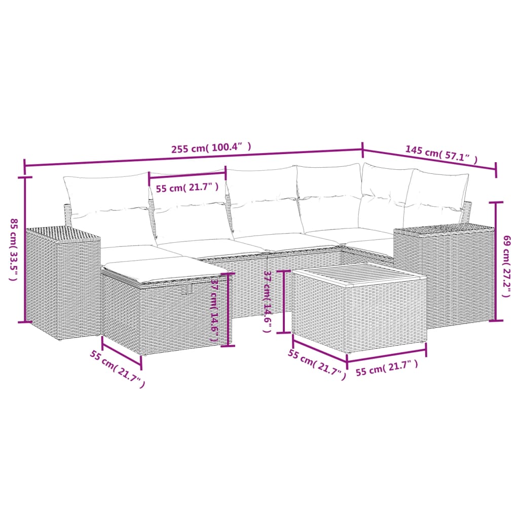 vidaXL 7-tlg. Garten-Sofagarnitur mit Kissen Beige Poly Rattan