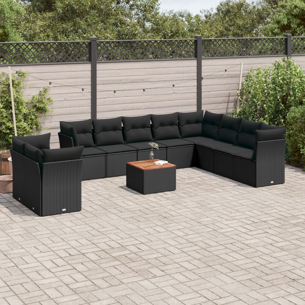 vidaXL 11-tlg. Garten-Sofagarnitur mit Kissen Schwarz Poly Rattan