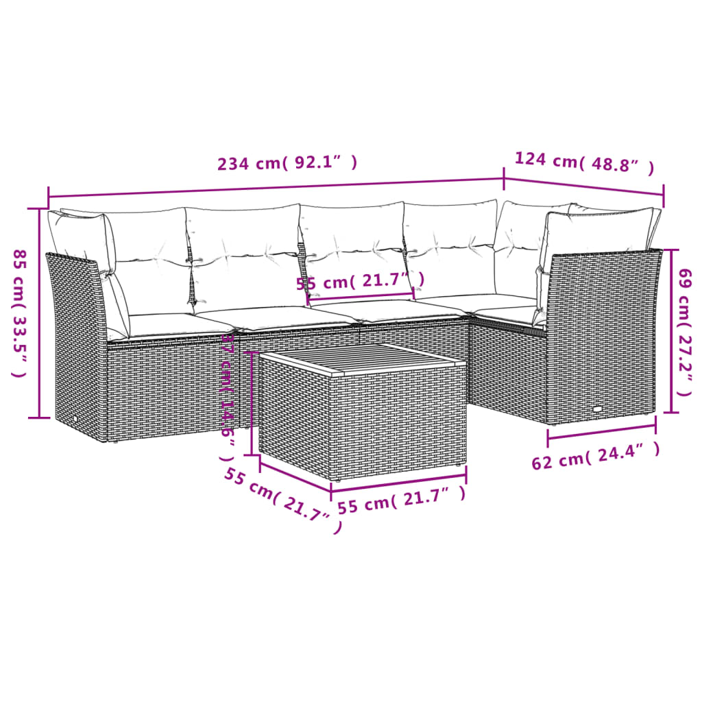 vidaXL 6-tlg. Garten-Sofagarnitur mit Kissen Beige Poly Rattan