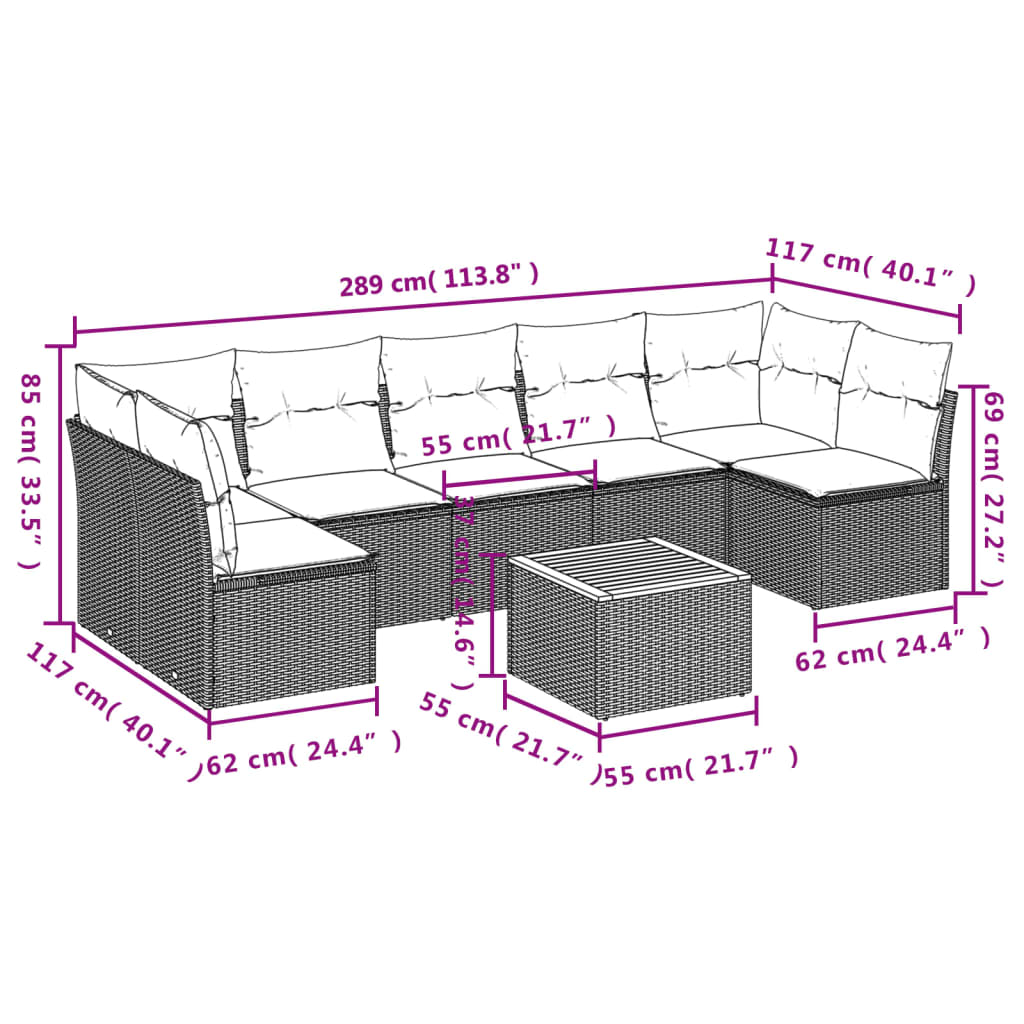 vidaXL 8-tlg. Garten-Sofagarnitur mit Kissen Beige Poly Rattan