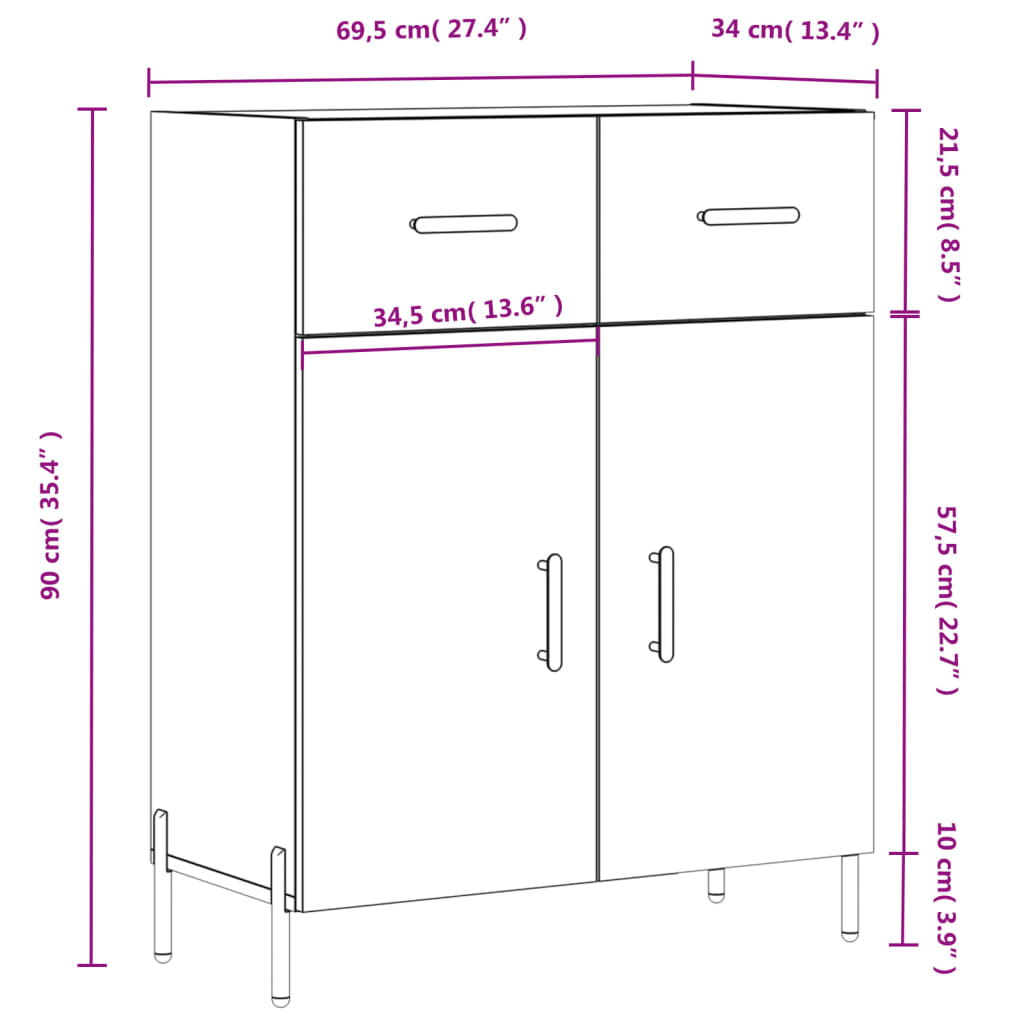 vidaXL Sideboard Hochglanz-Weiß 69,5x34x90 cm Holzwerkstoff