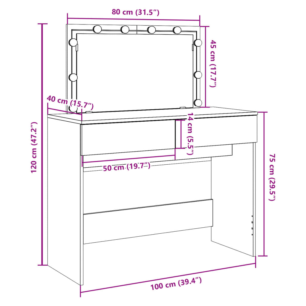 vidaXL Schminktisch mit LED-Beleuchtung Räuchereiche 100x40x120 cm