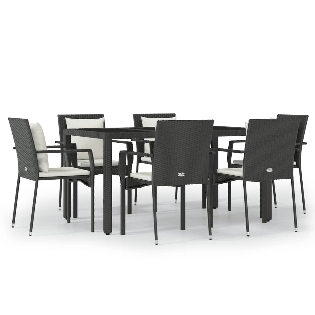 vidaXL 7-tlg. Garten-Essgruppe mit Kissen Schwarz Poly Rattan