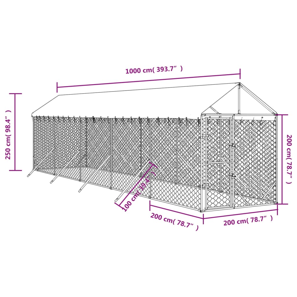 vidaXL Outdoor-Hundezwinger mit Dach Silbern 2x10x2,5 m Stahl Verzinkt