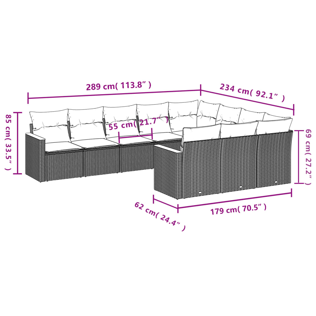 vidaXL 10-tlg. Garten-Sofagarnitur mit Kissen Grau Poly Rattan