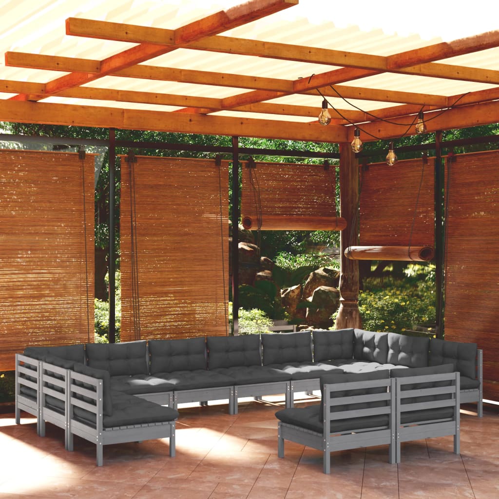 vidaXL 12-tlg. Garten-Lounge-Set mit Kissen Grau Kiefer Massivholz