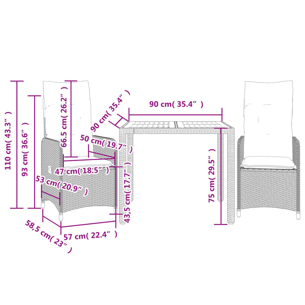 vidaXL 3-tlg. Garten-Bistro-Set mit Kissen Beige Poly Rattan