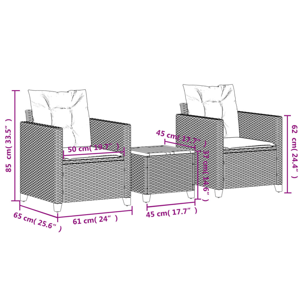 vidaXL 3-tlg. Bistro-Set mit Kissen Beige Poly Rattan Akazienholz