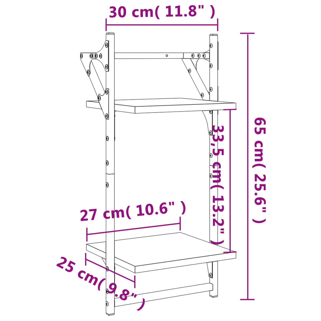 vidaXL Wandregale mit 2 Ablagen & Stangen 2 Stk. Schwarz 30x25x65 cm