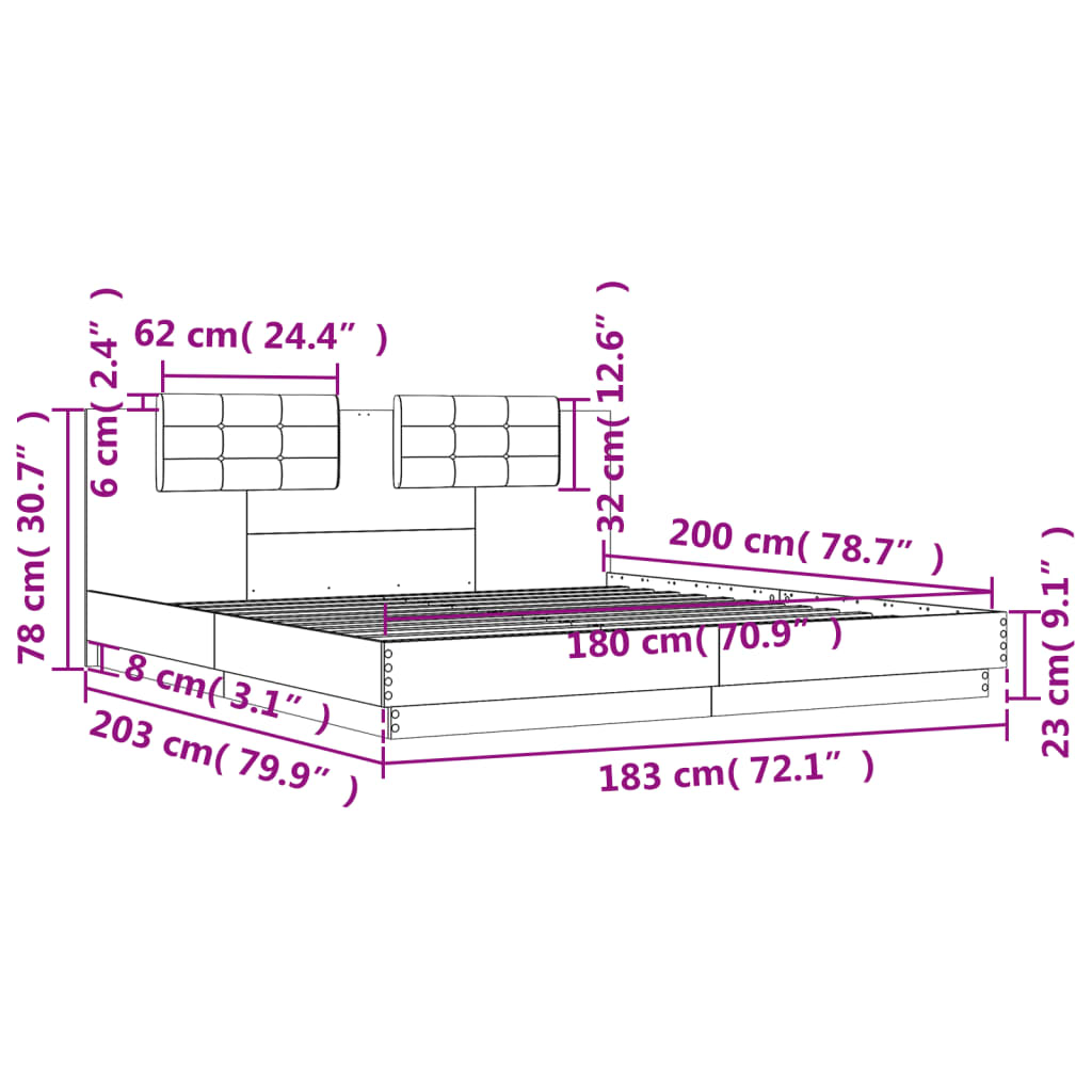 vidaXL Bettgestell mit Kopfteil und LED-Leuchten Braun Eiche 180x200cm